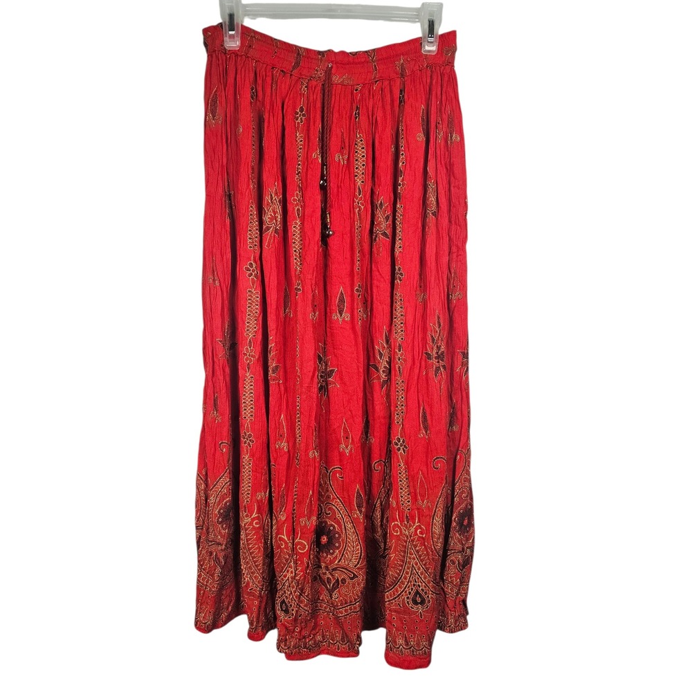 Unbranded Maxi Skirt Red Paisley Gold Block Print Boho Women Size L*